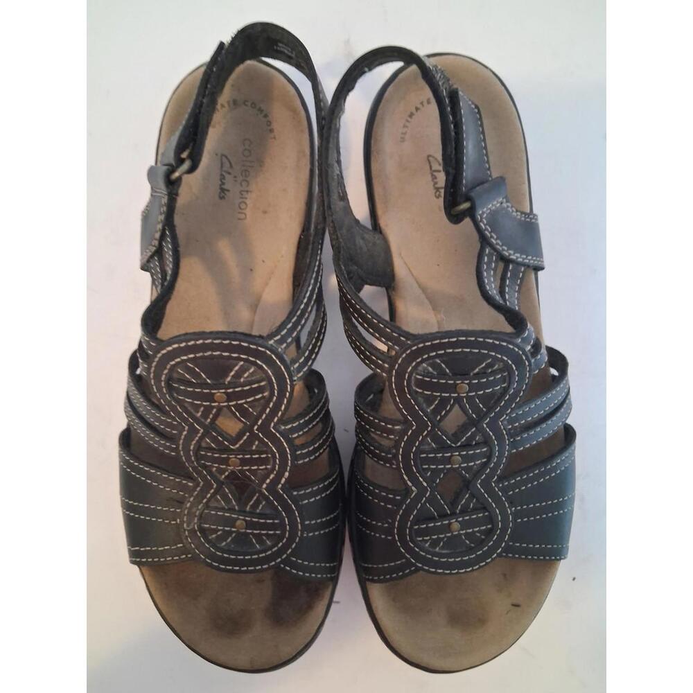 Clarks Women's Leisa Janna Black Leather Casual Hook & Loop Sandals, Size  7.5M